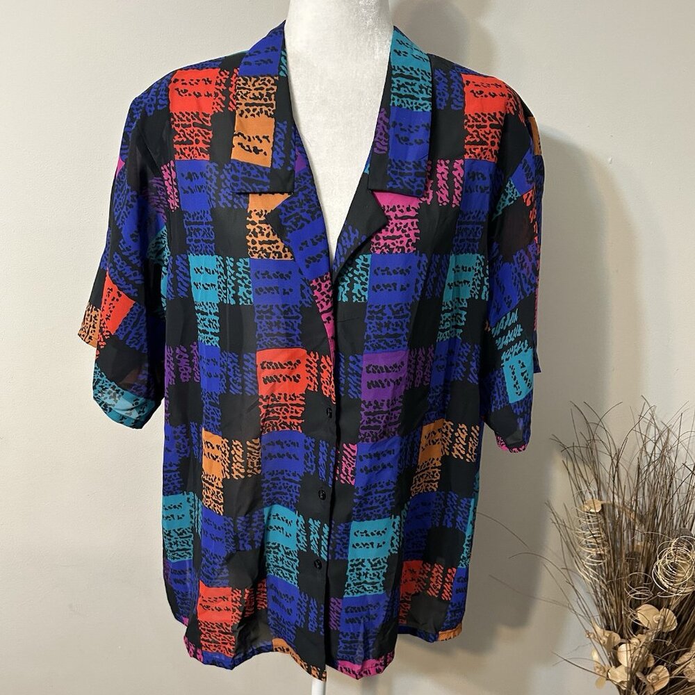 Vtg LADY WINN California by TEDDI Multicolor Squares Semi Sheer Blouse Top 26W